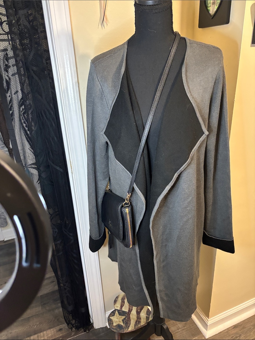 Joan Vass Gray Open-Front Blazer with Black Trim